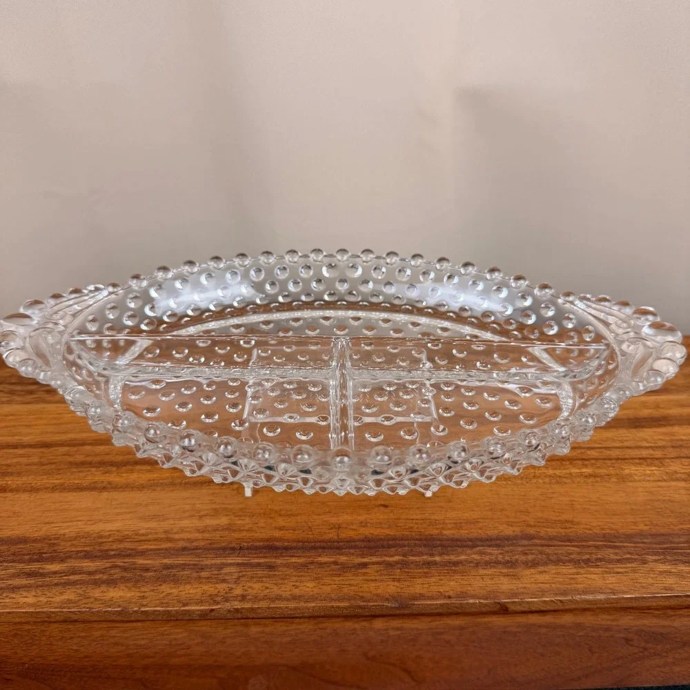Vintage Duncan Miller Clear Hobnail Glass Divided Relish Dish Serving Tray